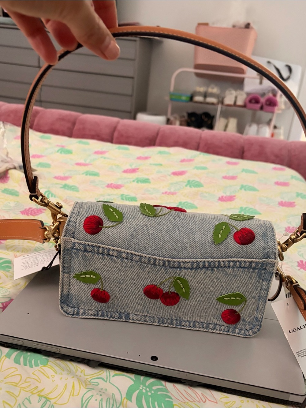 Coach Tabby 20 Cherry Embroidered Denim Shoulder Bag - Picture 11 of 11